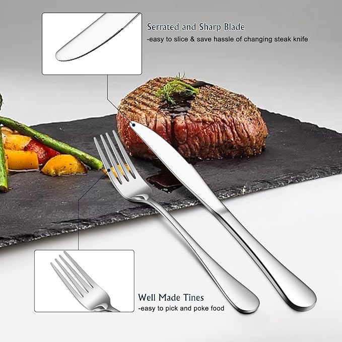 E-far Forks Spoons and Knives Set for 6, 18 Pieces Stainless Steel Silverware Set, Food Grade Flatware Cutlery Sets for Home Kitchen Restaurant, Mirror Finish, Dishwasher Safe