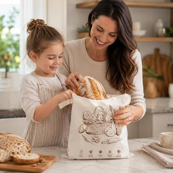 Beeswax Bread Bags for Homemade Sourdough Wide Zipper Access Reusable Bag | 17" x 13" Cotton Linen Bread Storage Bag with Handle & Date Labels, Keeps Loaves Fresh Longer, Freezer Friendly, Eco Friendly