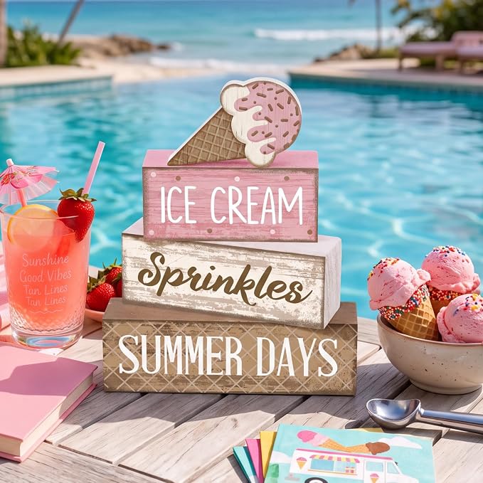 Lineshading 4 Pcs Ice Cream Summer Tiered Tray Decor Table Block Signs | Wooden Farmhouse Rustic Home Decorations, Kitchen Tabletop Centerpieces, Ice Cream Theme Sprinkles Design, Summer Gift