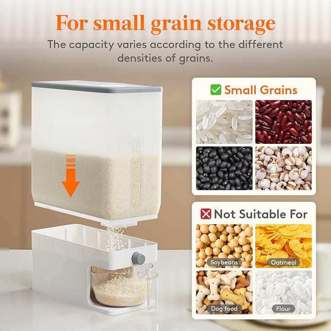 Lifewit Rice Dispenser 25 Lbs, Airtight Storage with Measuring Cup, Clear | BPA-Free 11.3kg Capacity Storage Container for Beans, Corn & Other Small Grains, One-Press Dispensing Bin for Kitchen Pantry