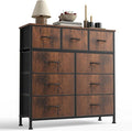 Sweetcrispy 9 Drawer Fabric Dresser Storage Tower Drawer Organizer, Brown | Sturdy Steel Frame with Wood-top, Easy-pull Handle, Space-Saving Organizer Chest for Bedroom, Closet, Lightweight and Stable