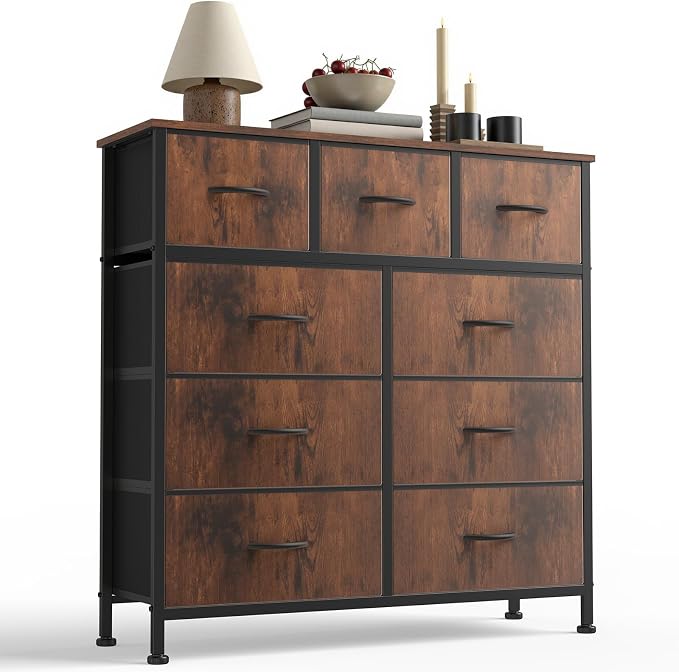Sweetcrispy 9 Drawer Fabric Dresser Storage Tower Drawer Organizer, Brown | Sturdy Steel Frame with Wood-top, Easy-pull Handle, Space-Saving Organizer Chest for Bedroom, Closet, Lightweight and Stable