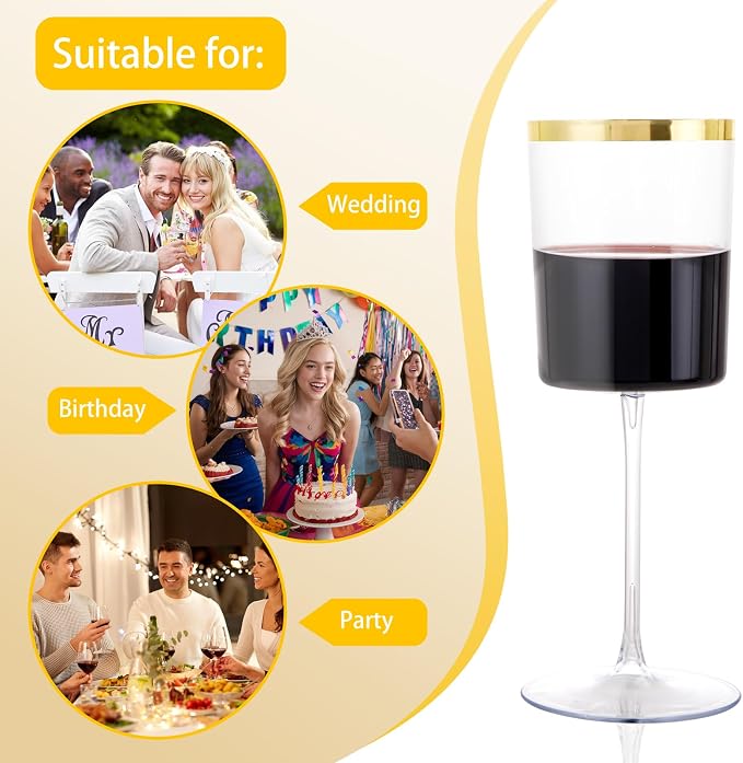Ciaell 12 Pack Gold Plastic Wine Glasses for Weddings Outdoor Gatherings | 14 oz Gold Square Stemmed Cups, Heavy Duty Plastic, Wine Champagne Margaritas Whiskey for Parties Anniversaries Dinners