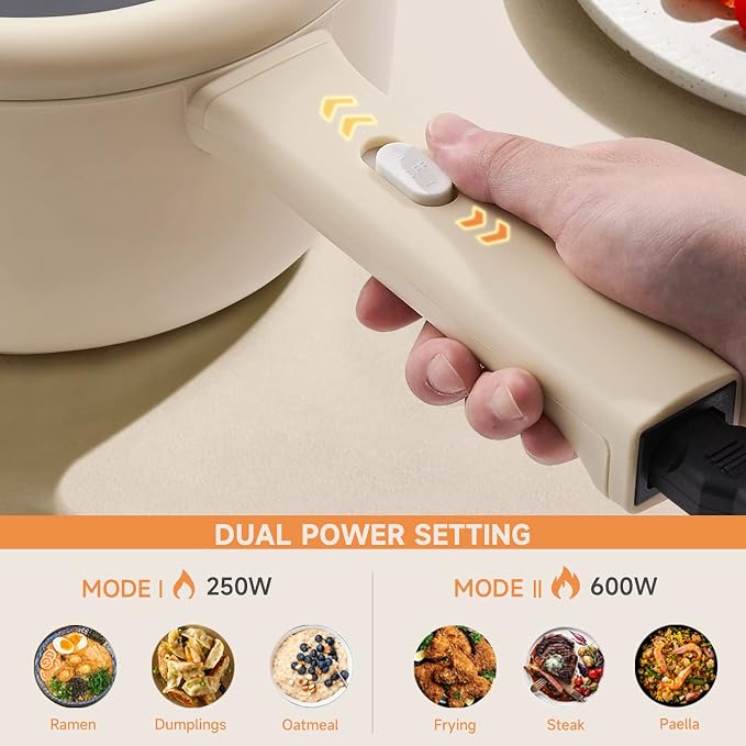 Dezin 2L Hot Pot Electric, Non-Stick Electric Pan, 700W Adjustable Power | Electric Pot for Cooking/Steak/Egg/Fried Rice/Ramen/Soup, Portable Pot for Dorm/RV/Family/Travel/Camping, Include Spatula