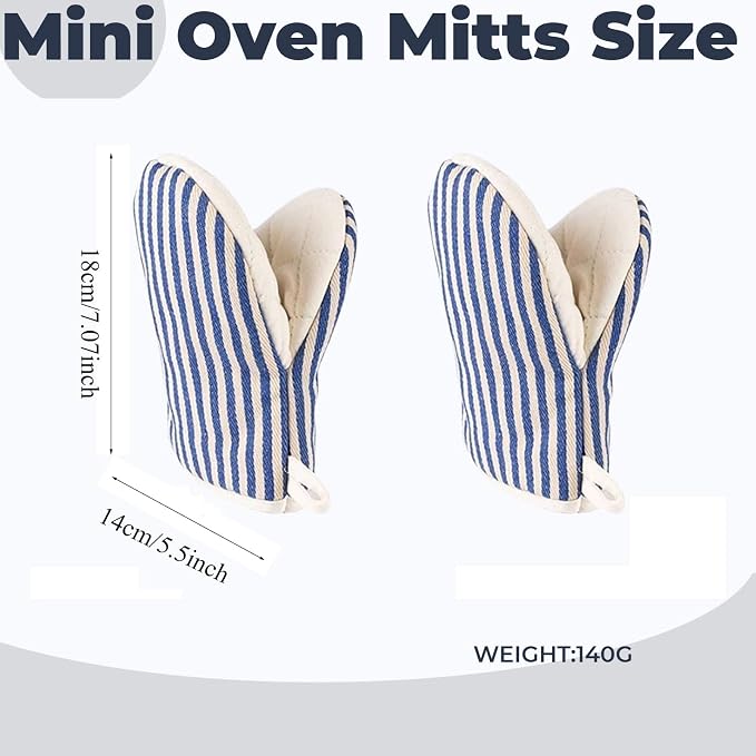 1 Pair Mini Oven Mitts,High Heat Resistant Oven Gloves,Kitchen Short Oven Mit with Hanging Loop for BBQ, Baking, Cooking and Grilling, (Blue)