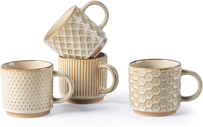 GBhome 8 OZ Stackable Coffee Mugs Set of 4, Ceramic Coffee Cups Set | 4 Assorted Designs, Embossed Mugs with Texture Patterns for Espresso/Tea, Dishwasher&Microwave Safe, Khaki