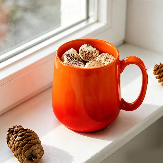 HASENSE Set of 4 Ombre Coffee Mugs, 15oz Large Ceramic Cups – Dishwasher & Microwave Safe, Orange Gradient Cappuccino Latte Tea Handle Cup, Housewarming Gift