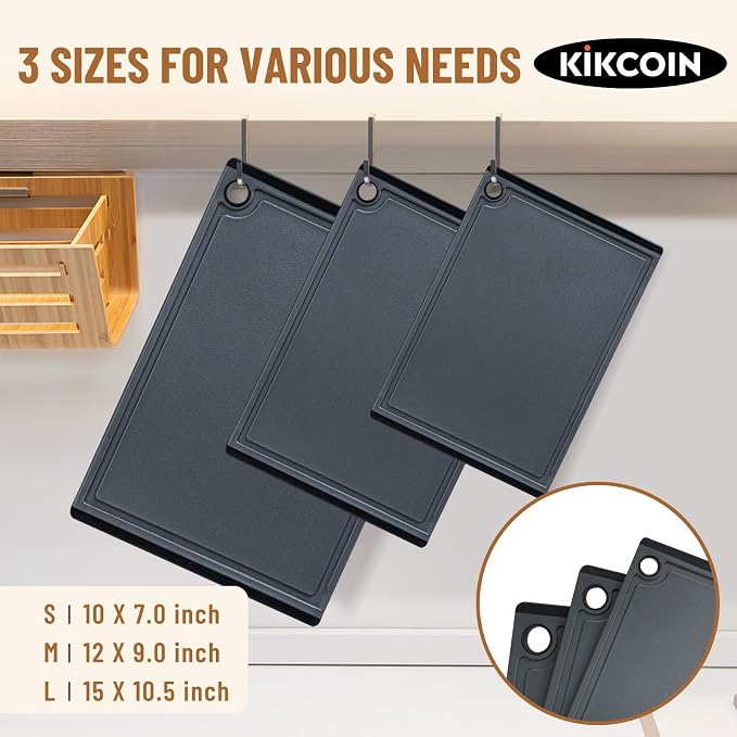 Kikcoin Plastic Cutting Boards for Kitchen, 3-Piece Large Cutting Board Set Dishwasher Safe Chopping Boards with Non-slip Feet and Juice Grooves, Gray