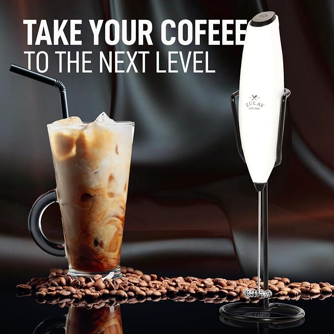 Zulay Kitchen Powerful Milk Frother Wand With Duracell Batteries - Ultra Fast Handheld Drink Mixer - Electric Whisk Foam Maker for Coffee, Lattes, Cappuccino & Matcha - Z1 Motor - Exec White & Black