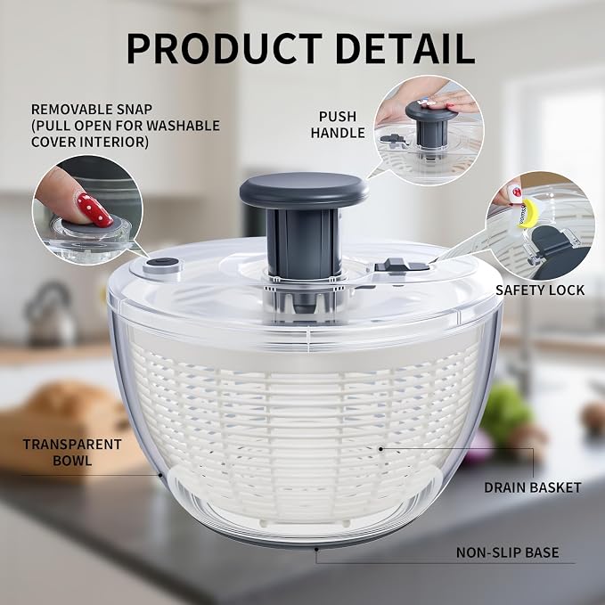 Salad Spinner Large, Fruit Washing Bowl with Strainer, Quick and Easy Use Lettuce Spinner, Fruits and Vegetables Washer, Lettuce Salad Dryer, Kitchen Essentials (6L/6.34Qt)