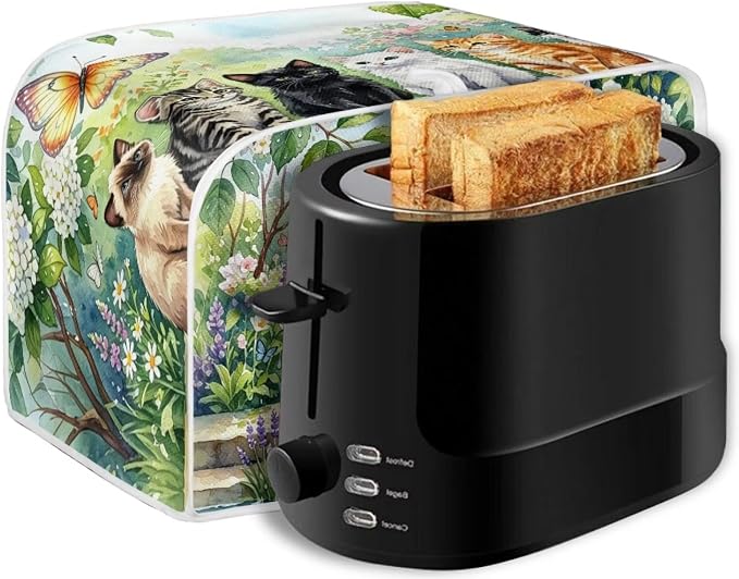 Cats Floral Print Bread Machine Cover 4 Slice Wide Slot Toaster Dust Covers Butterfly Print Protective Cover for Kitchen