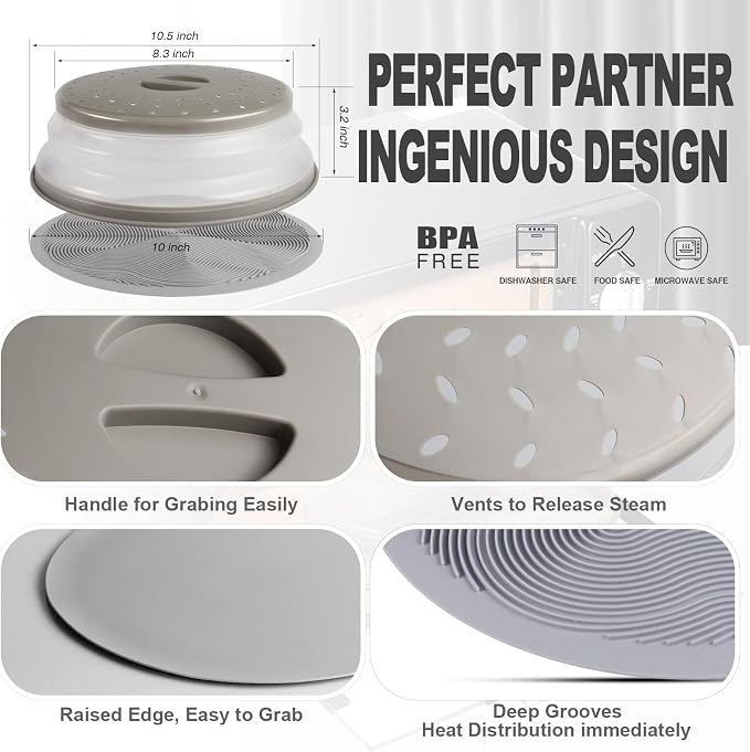 2 in 1, Aidacom Microwave Splatter Cover for Food & Silicone Microwave Mat, Mat as Bowl Holder, Trivet, Pot Holders, Drying, Baking, Utensils Rest for Kitchen Counter, Dishwasher Safe, Grey