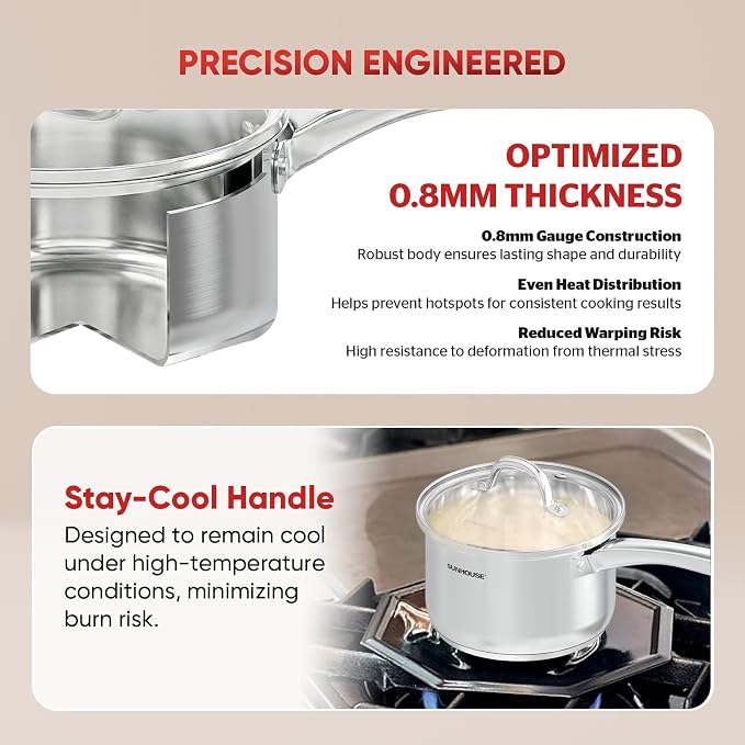 SUNHOUSE 1.5 QT Stainless Steel Sauce Pan with Lid, Small Pot for Cooking | PFOA-Free Uncoated Milk Pan & Butter Warmer, Mini Saucepan with Impact Bonding Base for Induction, Gas, Electric