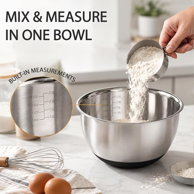 KITEISCAT Stainless Steel Mixing Bowls with Lids – Set of 5 Large Nesting Metal Bowls for Kitchen, Baking, Cooking, Food Prep & Storage, Non-Slip Base, Dishwasher Safe,Black