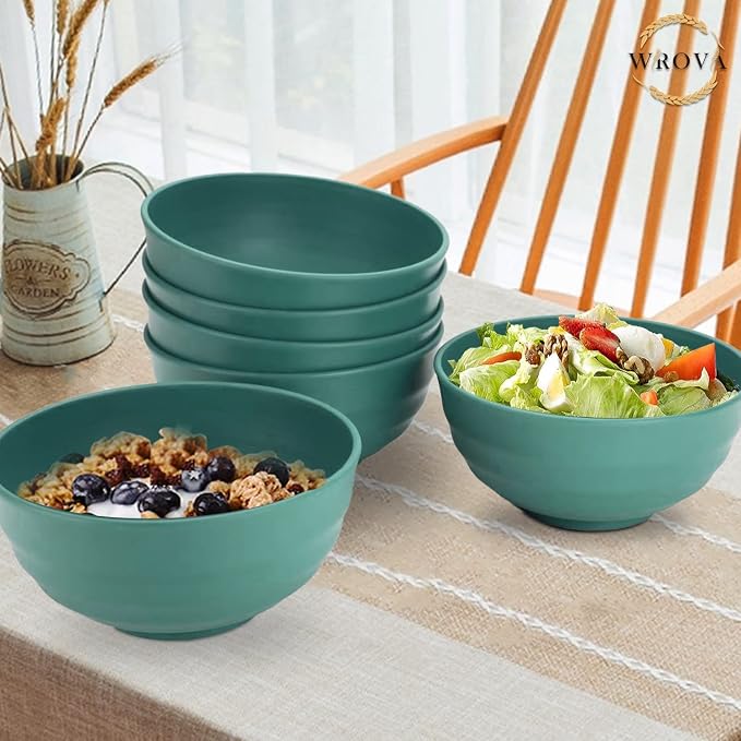 Wrova Wheat Straw Bowls Set 60 OZ Unbreakable Large Cereal Bowls Set of 6 Microwave and Dishwasher Safe Bowls Big Bowls for Dorm and Apartment BPA Free Soup Bowl for Serving Oatmeal and Salad (Green)