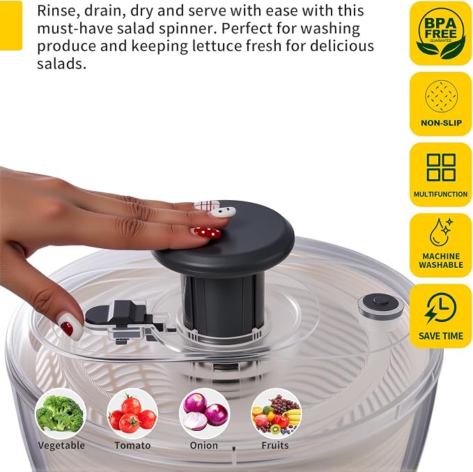 Salad Spinner Large, Fruit Washing Bowl with Strainer, Quick and Easy Use Lettuce Spinner, Fruits and Vegetables Washer, Lettuce Salad Dryer, Kitchen Essentials (6L/6.34Qt)