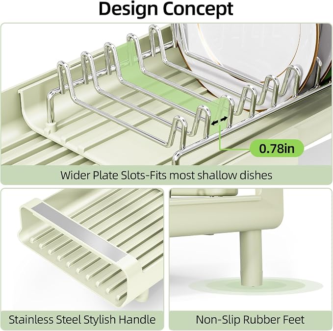 TOOLF Small Dish Drying Rack, Expandable and Space-Saving, Grayish Green | Mini Dish racks for kitchen counter, Compact Design Fits Sink or Counter, Stainless Steel Plate Rack, 11"-19.3"L×7.7"W×3.54"H
