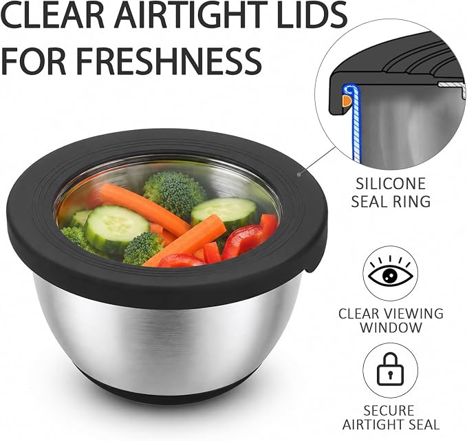 KITEISCAT Stainless Steel Mixing Bowls with Lids – Set of 5 Large Nesting Metal Bowls for Kitchen, Baking, Cooking, Food Prep & Storage, Non-Slip Base, Dishwasher Safe,Black