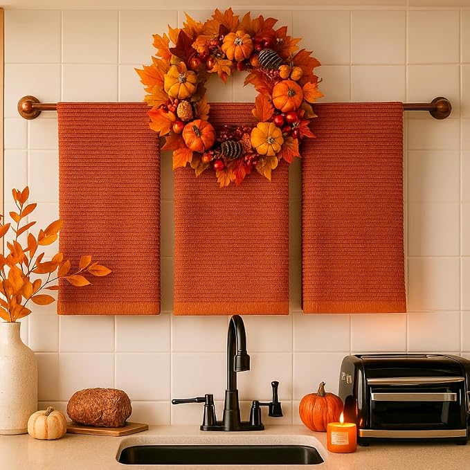 Burnt Orange Rust Kitchen Hand Dish Towels, Set of 3, 100% Cotton, 18x28 | Terry Loop Ribbed Textured, Soft & Absorbent Cleaning Cloth, Quick Dry, Multipurpose for Everyday Use