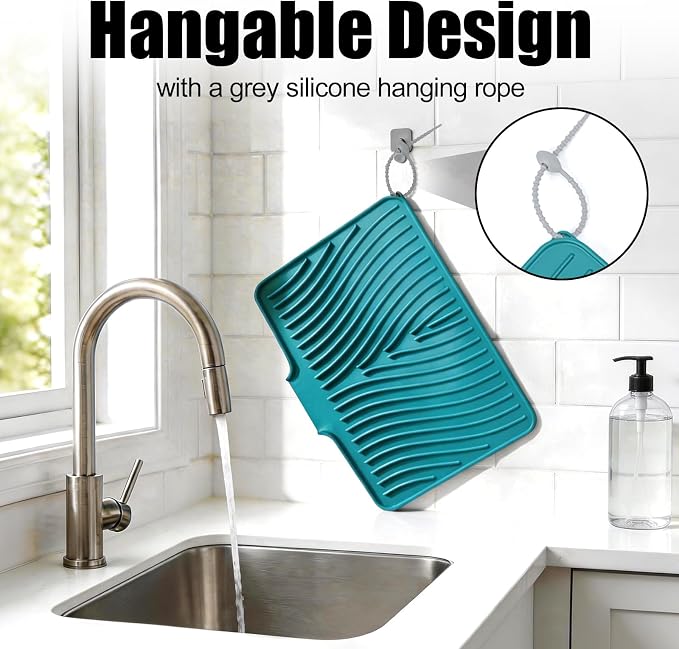TIKNIK Silicone Dish Drying Mat for Kitchen Counter, Green-1pcs, 16" x 12" | Heat Resistant & Non-Slip Dish Drain Pad with Built-In Drain, Dishwasher Safe, Quick-Dry, Hangable & Roll-Up for Storage
