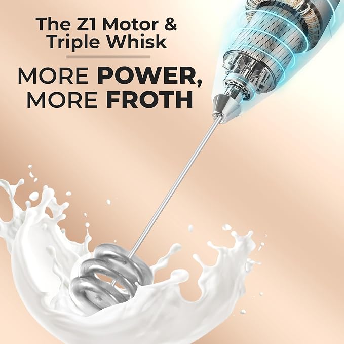 Zulay Kitchen Powerful Milk Frother Wand With Duracell Batteries - Ultra Fast Handheld Drink Mixer - Electric Whisk Foam Maker for Coffee, Lattes, Cappuccino & Matcha - Triple Whisk - Luna White