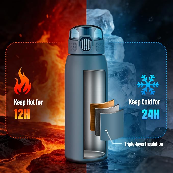Insulated Water Bottle 18 oz with Dustproof Lid, Carry Handle & Tea Infuser, BPA-Free & Leakproof, Stainless Steel Water Bottles Ideal for Fitness, Hiking, Office & Outdoor Use （Navy Blue ）