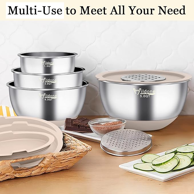 Wildone Mixing Bowls with Airtight Lids, Stainless Steel Mixing Bowls Set | Metal Bowls with 3 Grater Attachments & Non-Slip Bottoms, Size 5, 4, 3, 2,1.5, 0.63QT, Includes Utensil Set for Prep, Khaki