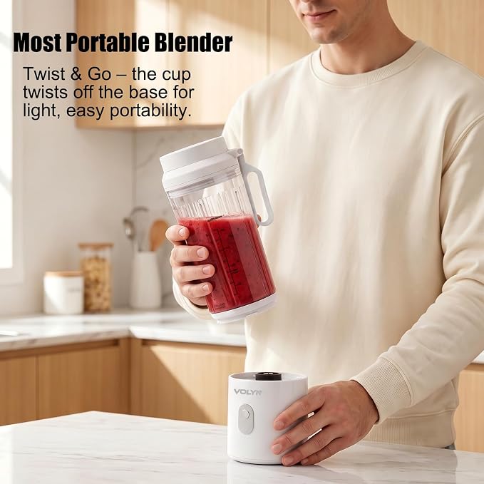 VOLYN Mini Electric Blender Smoothie Maker with Straw & Cleaning Brush | Mini Personal Blender for Fruit Drinks, Smoothies & Milkshakes, Compact Space-Saving Design for Kitchen and Office, White