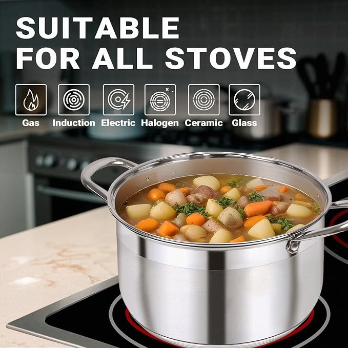 Kirecoo 8 Quart Stainless Steel Induction Stock Pot with Visible Lid | Heavy Duty, Even Heat, Thick Nonstick Base, Deep Cookware for Soup Pasta & Spaghetti, Ideal for Canning, Boiling & Simmering