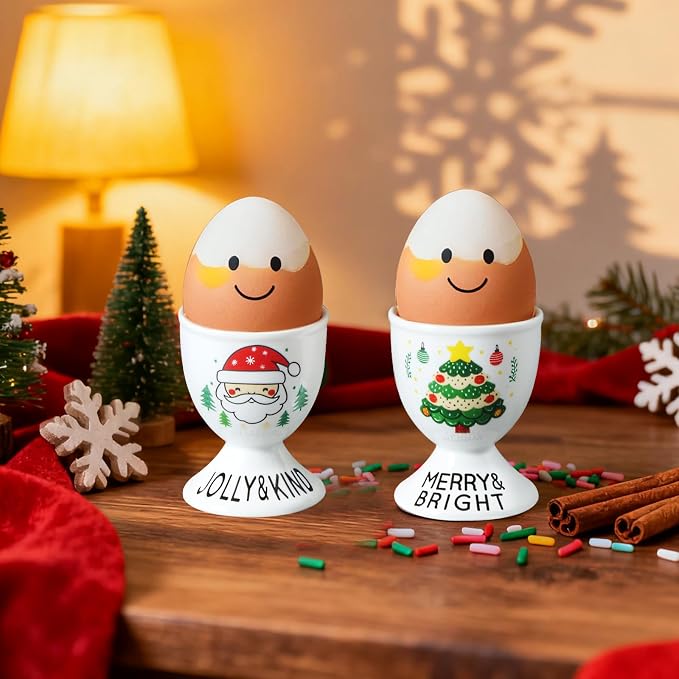 Cinf Christmas Ceramic Egg Cups, Set of 2, Boiled Egg Holders for Breakfast | Set of 2 ceramic egg cups, festive Christmas design, easy to clean, ideal for boiled eggs, breakfast and table