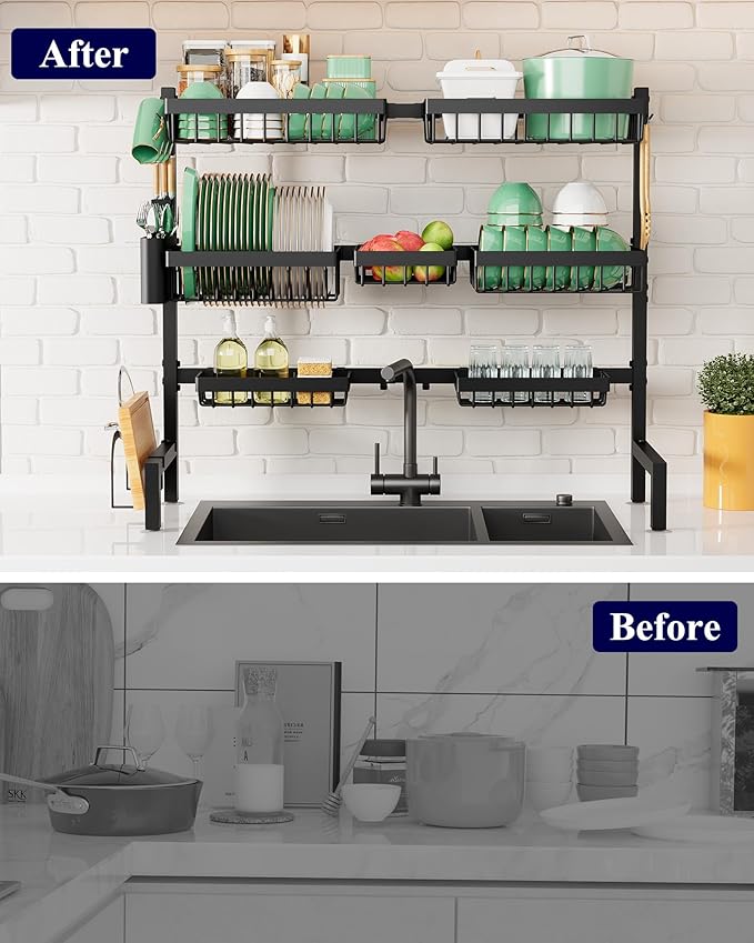 Kitsure Adjustable Over The Sink Dish Drying Rack, 31.5" -39.4" x 30.3" | Sink Drying Rack for Kitchen Sink, Dish Rack Over Sink with Cutlery & Utensil Holders, Kitchen Storage, Black