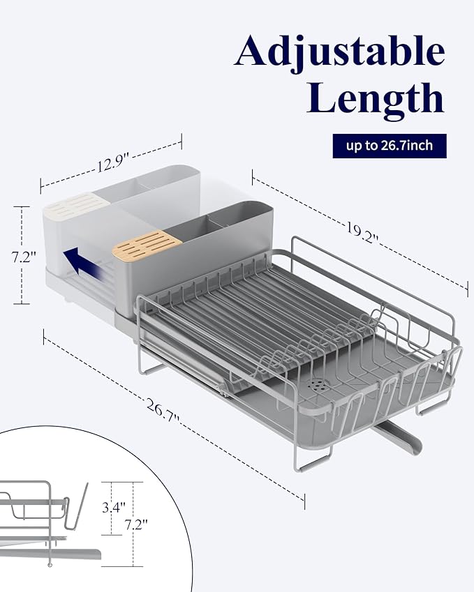 Kitsure Extendable Dish Drying Rack, 19.2"-26.7" L x 12.9" W, Grey | Large Dish Rack, Multifunctional Dish Rack for Kitchen Counter, Anti-Rust Dish Drainers with Cutlery & Cup Holders