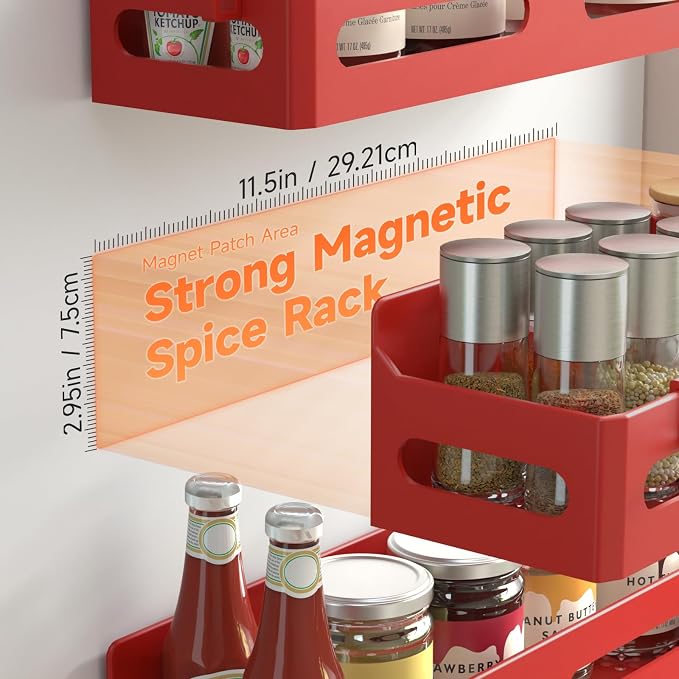 4-Pack Magnetic Spice Rack for Refrigerator with Hooks, Red | Strong multipurpose magnetic shelf for kitchen & bathroom organization. Includes 4 removable hooks for hanging items.