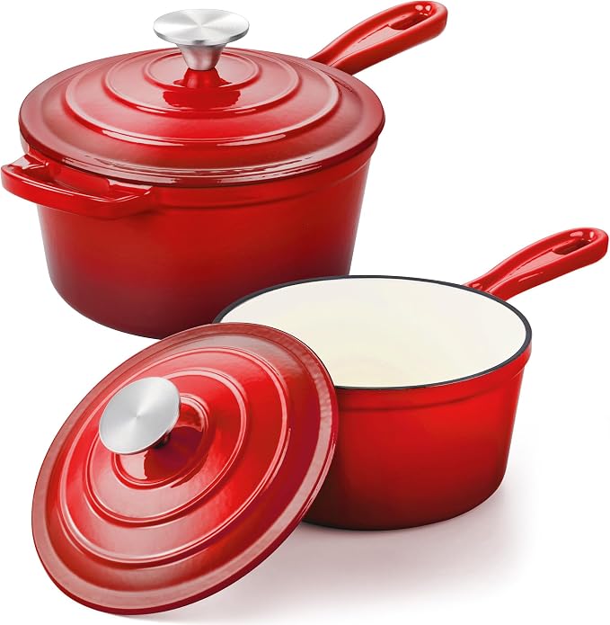 Leonyo 1Qt & 2Qt Saucepan Set, Small Cast Iron Dutch Oven Kitchen Pot, Red | For All Cooktops Cooking Pasta, Milk, Oatmeal - Up to 500°F & Nonstick