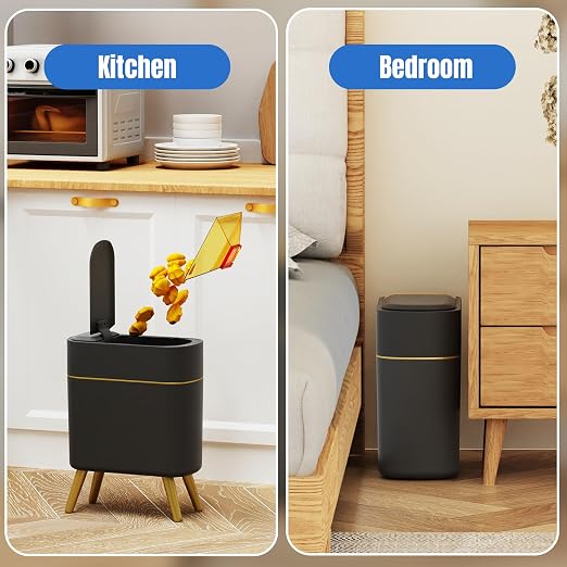 Yatmung Bathroom Trash Can Automatic Touchless - Modern Smart Trash Bin | Narrow Waste Basket for Bedroom, Laundry Room, Office, Plastic - Motion Sensor Garbage Can with Lid - Black with Gold Edge