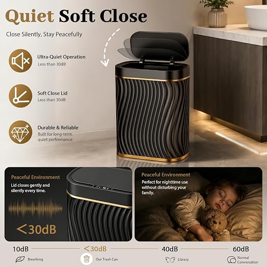 2.6 Gallon Automatic Bathroom Trash Can with Touchless Lid, Black Gold | Motion Sensor Trash Can with Slim Waterproof Body; Small Plastic Garbage Can, hands-free lid for Bedroom, office, and kitchen