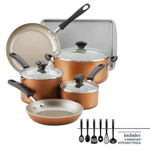 Farberware Cookstart Aluminum DiamondMax Nonstick Cookware Set, Kitchen Essentials, 15-Piece, Copper