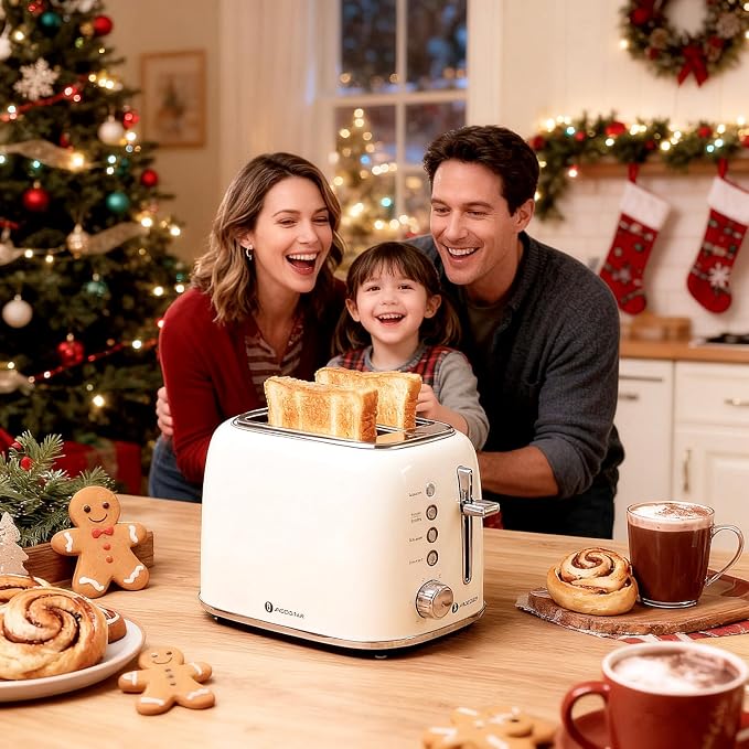 Aigostar Toaster 2 Slice, Retro Extra-Wide Slot, Cream White | Best Rated Prime, For Toasting Bagels, Breads, Waffles & More, Cancel, Defrost & 6 Browning, Removable Crumb Tray