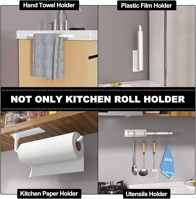 Paper Towel Holder Under Cabinet, Self-Adhesive or Drilling, White | Kitchen Roll Dispenser | Under-Cabinet or Wall-Mounted | Upgraded Aluminum | Lighter Yet Stronger Than Stainless Steel