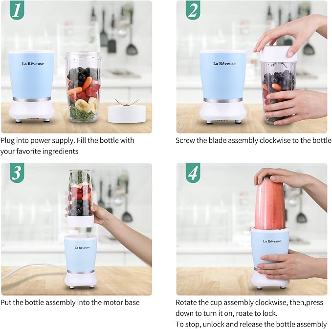 La Reveuse Personal Smoothie Blender, 7 Pieces Set, 250W, Sky Blue | for Shakes Smoothies Dips Sauces, BPA-free, Push to Blend, (1) 15oz Cup, (1) 10oz Mug, Dishwasher Safe, Compact, LARB1825