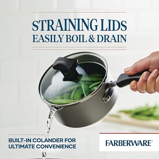 Farberware Cookstart Aluminum DiamondMax Nonstick Straining Saucepan, Kitchen Cookware, 1-Quart, Silver