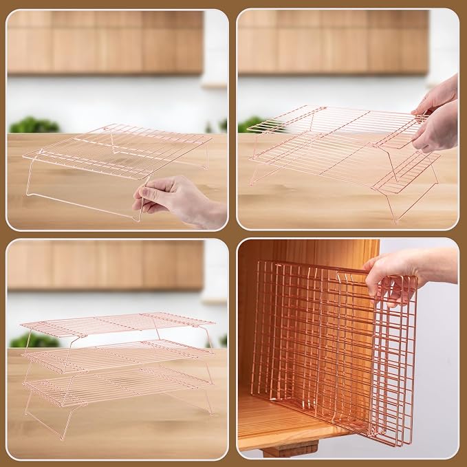 Briout Cooling Rack for Cooking Baking 3 Tiers,16"x10" Wire Rack, Rose Gold | Thick Wire Rack, Oven & Dishwasher Safe, for Roasting, Grilling, Drying, Fits Half Sheet Pan