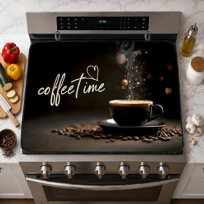 Electric Stove Top Cover for Glass Top, Coffee Time Cafe Decor – Heat Resistant Flat Stove Top Covers, Decorative Scratch Protector Mat for Glass Ceramic Cooktop, Non-Slip, 28"x20"