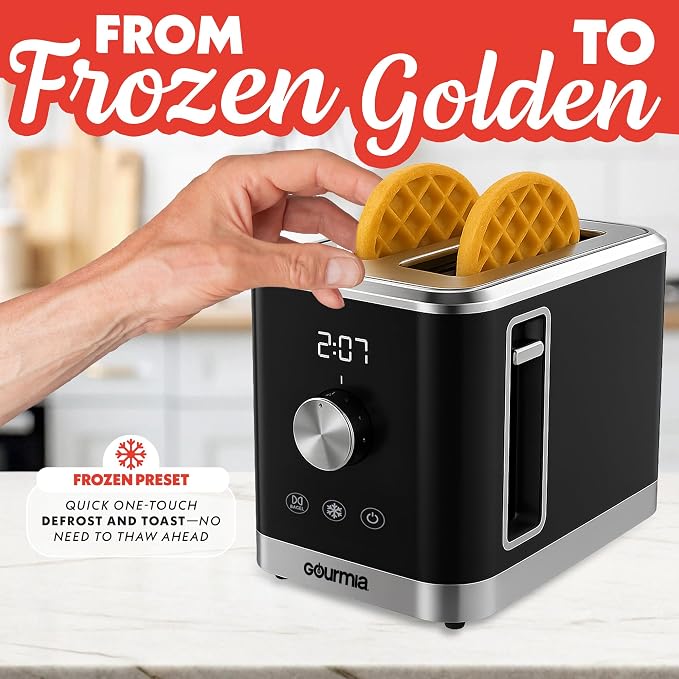 Gourmia 2 Slice Toaster – 6 Browning Levels with Bagel and Defrost Mode, One-Touch Toasting, Removable Crumb Tray, Extra Wide Slots, Compact Design, Black