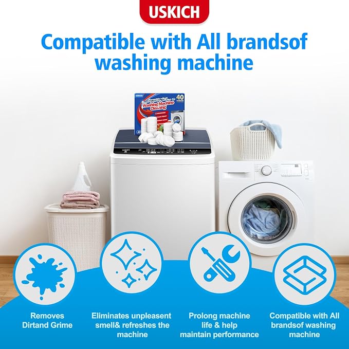 USKICH 40 Pack Washing Machine Cleaner Tablets,Deep Cleaning Descaler For HE Front Loader & Top Load Washer,Washer Machine Cleaning Tablets Clean Inside Drum and Laundry Tub Seal,Septic Safe