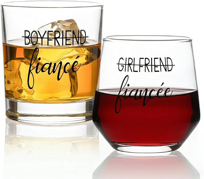 Engagement Gifts for Couples, Engagement Party Decorations - Unique Fiance Gift for Him or Her! Proposal Decorations, Whiskey Wine Glasses, Best Gift for Newly Engaged Couple, Women (Crystal Glass)