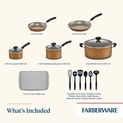 Farberware Cookstart Aluminum DiamondMax Nonstick Cookware Set, Kitchen Essentials, 15-Piece, Copper