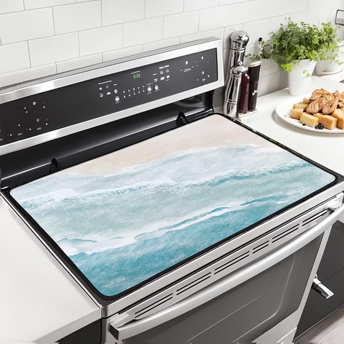 Beach Theme Stove Top Covers for Electric Stove Blue White Sea Ocean Waves Nature Scenery Glass Top Gas Stove Pad Heat Resistant Range Cooktop Mat for Kitchen 28"x20"