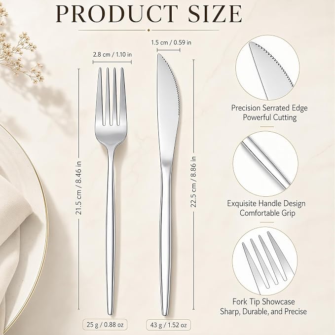 Nuenen 100 Pieces Stainless Steel forks and knives Dinner Flatware Set Tableware Cutlery for Butter Kitchen Restaurant, Dishwasher Safe (Silver,8.8 Inches，8.4 Inches,Portugal)