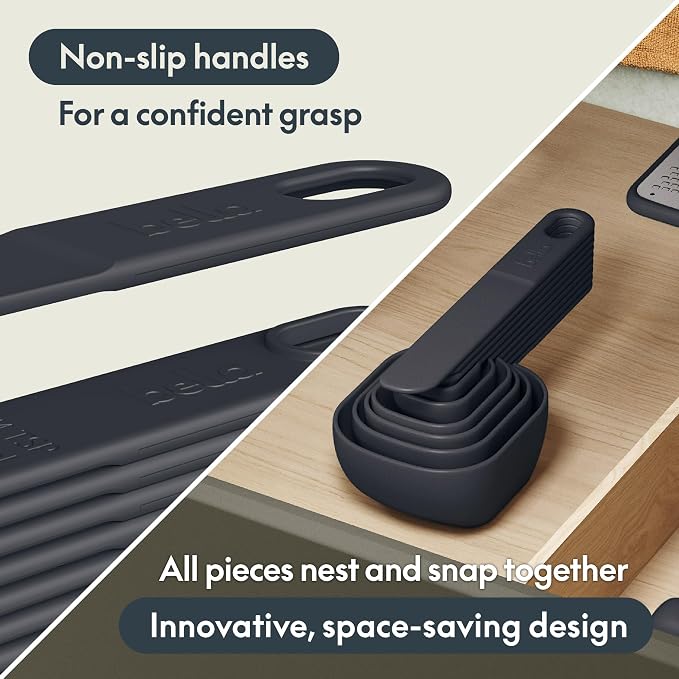 bella 9-Piece Nested Measuring Cups & Spoons Set, Stackable, 4 Cups, 4 spoons, 1 Leveler, Non-slip handles, Kitchen Cooking Baking Measuring Set, BPA Free, Dishwasher Safe, Slate